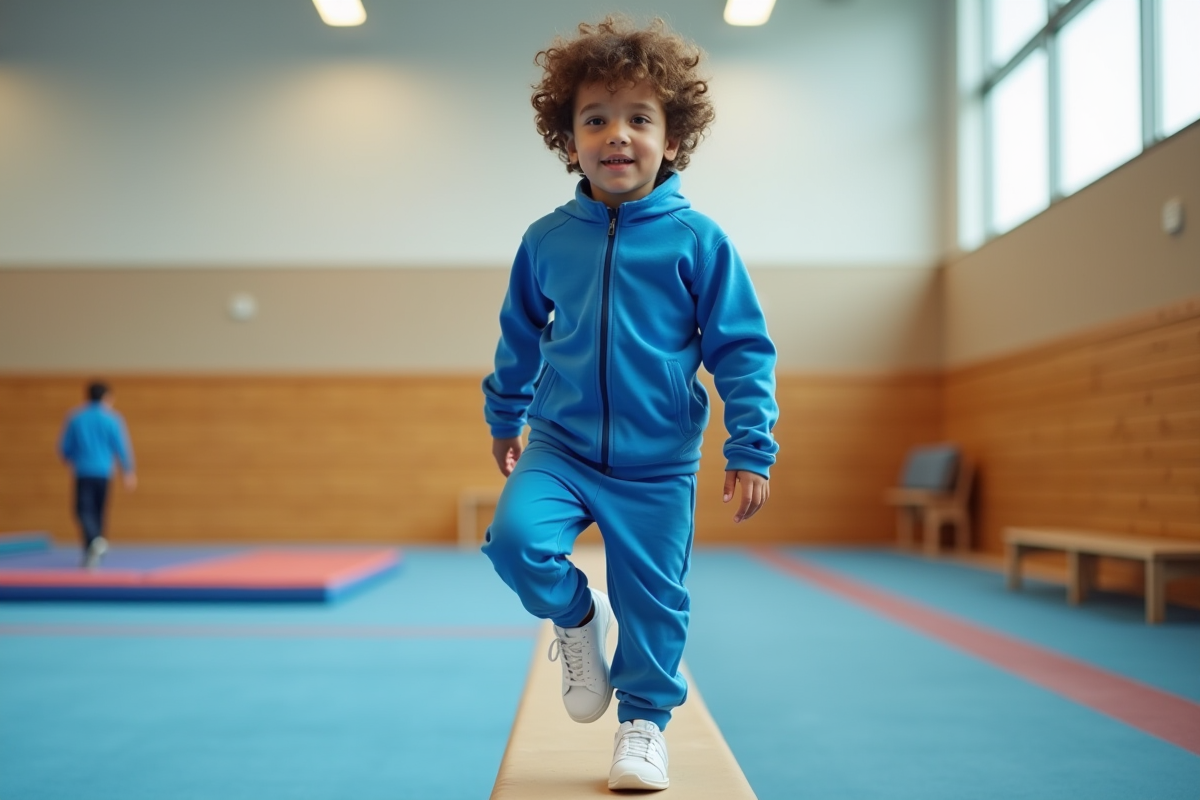 Garçon de 7 ans en équilibre sur une poutre de gymnastique