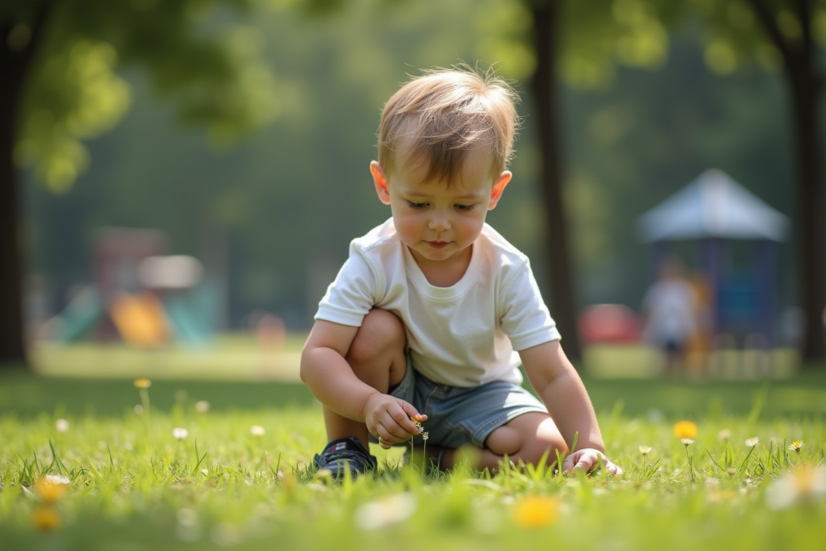 Garçon de trois ans examine une fleur dans un parc en plein air