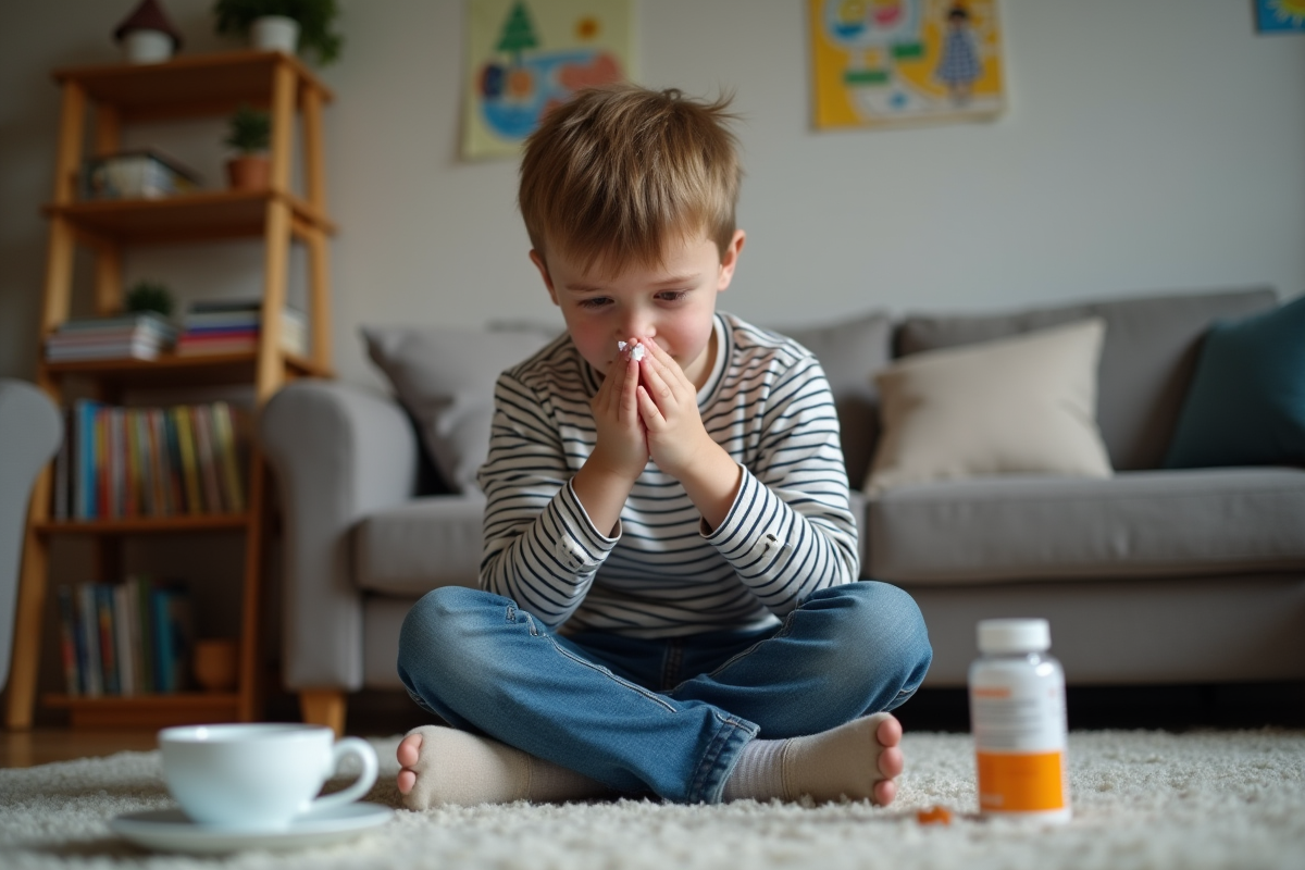 Garçon malade assis par terre dans un salon familial