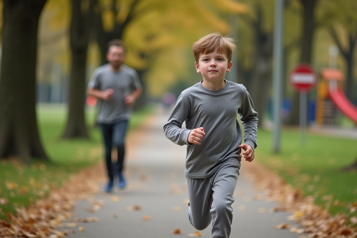 Garçon de 8 ans courant dans un parc avec son père
