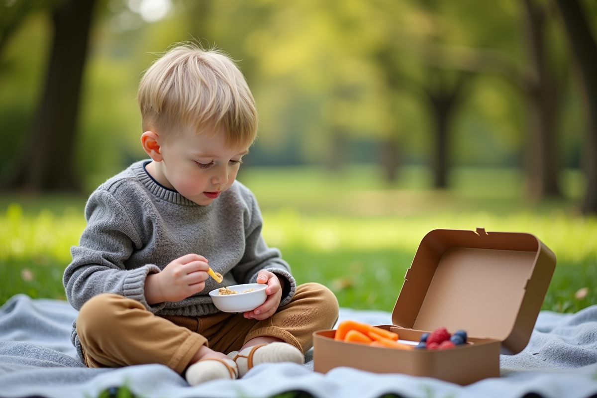 Garçon de quatre ans en pique-nique dans un parc