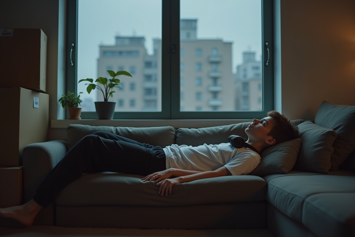 Adolescent sur le canapé dans un appartement en ville