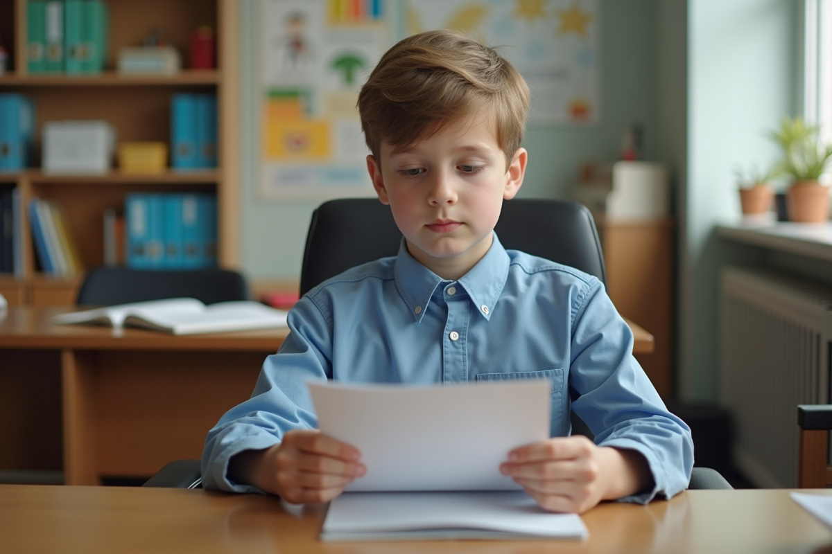 Garçon de 10 ans attentif avec brochure de securite enfant