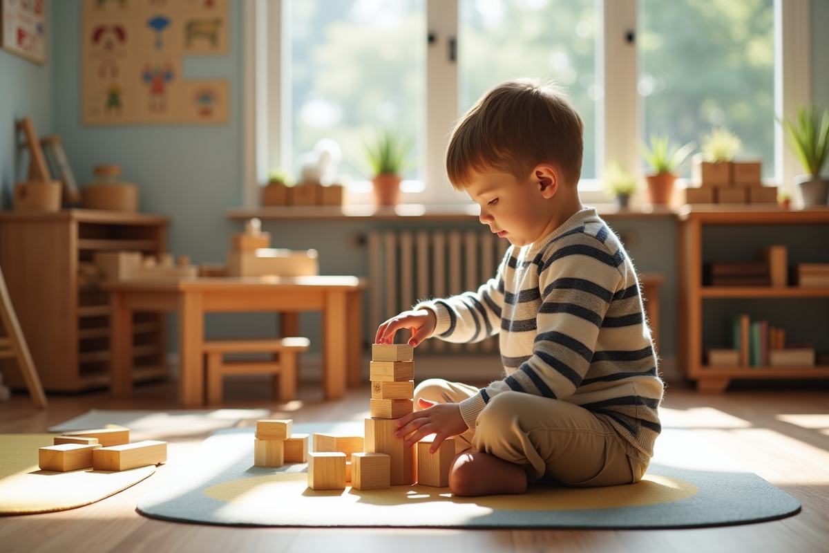 Garçon de 7 ans empilant des blocs en classe Montessori