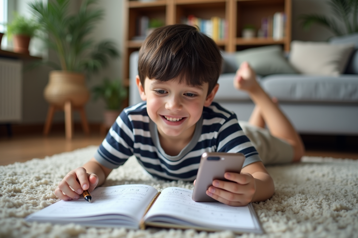 Garçon souriant avec livre et smartphone dans le salon