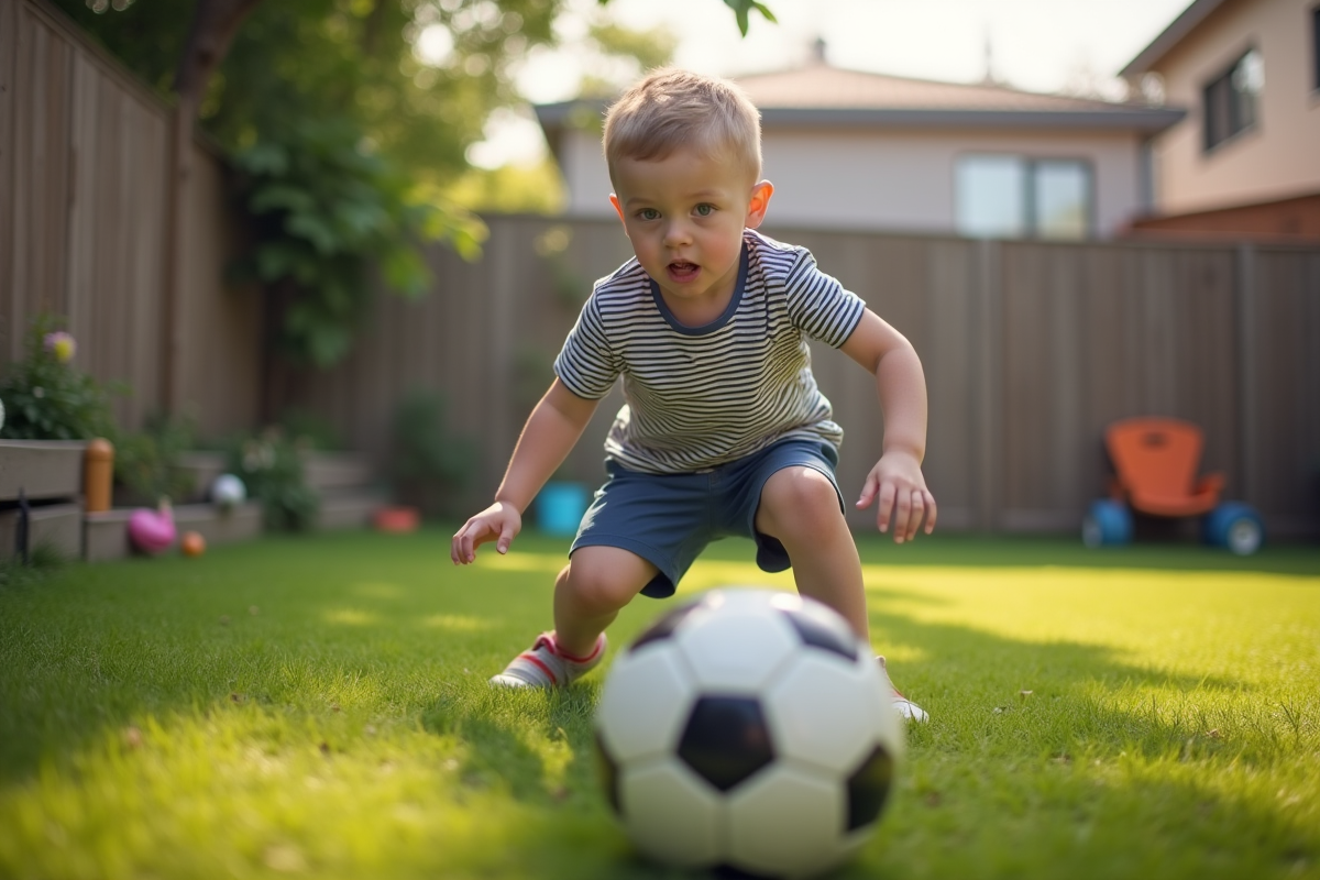 Garçon surpris trébuchant sur un ballon dans le jardin