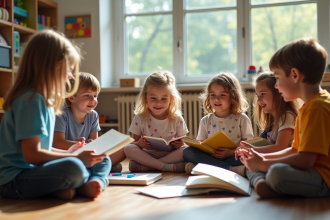Enfants en cercle dans une classe avec livres et jouets