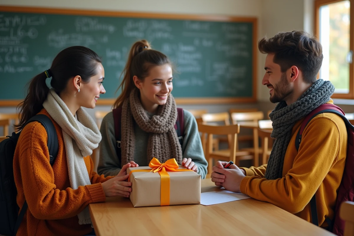 Groupe d'étudiants déposant un cadeau et une carte de bonne rentrée sur le bureau de leur professeur dans une salle de classe