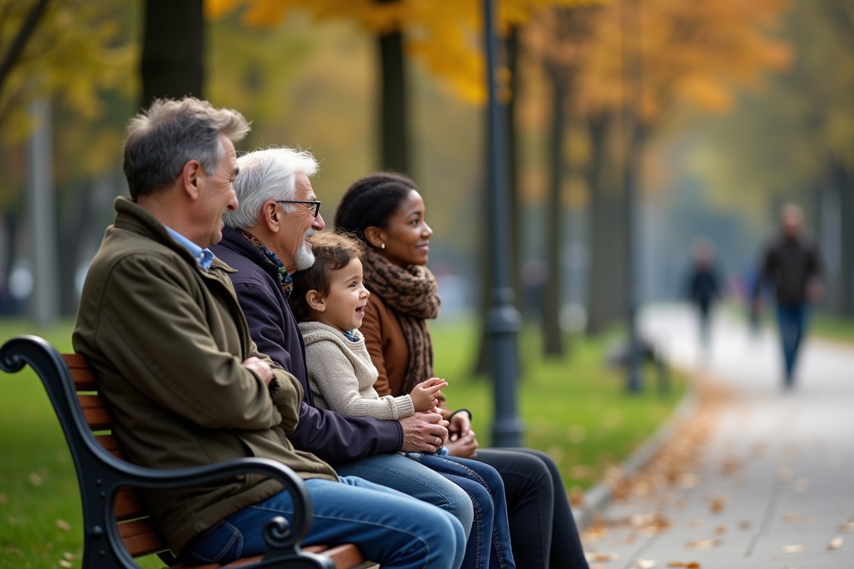 Groupe intergénérationnel discutant dans un parc urbain en automne