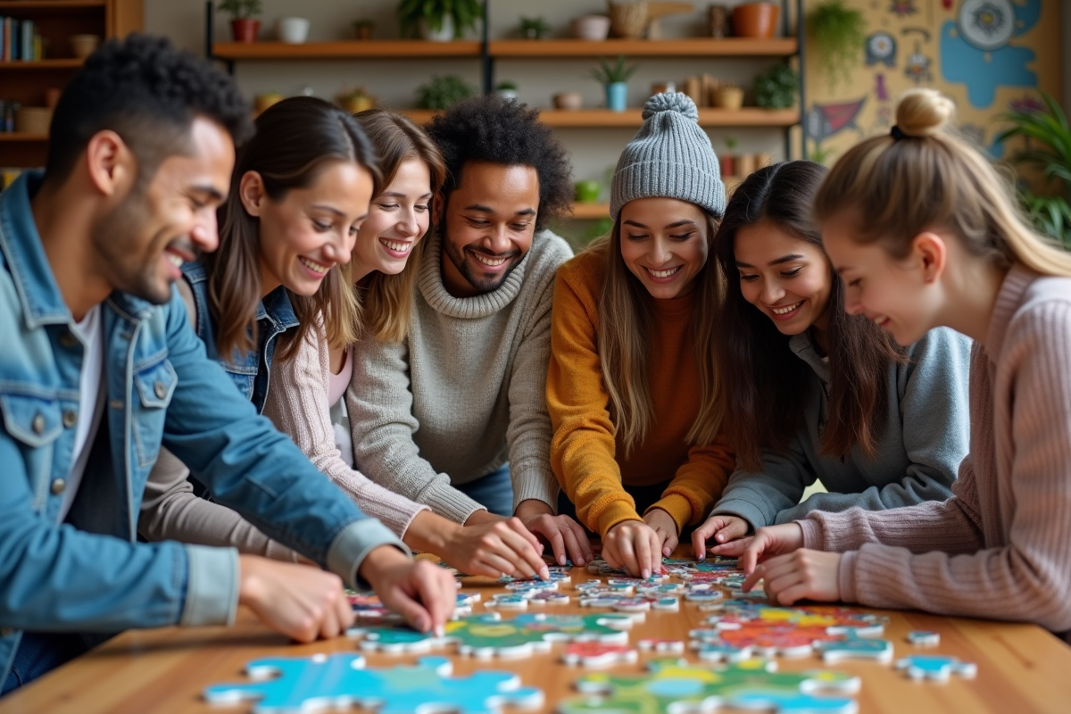 Groupe diversifié de personnes ajoutant des pièces à un puzzle