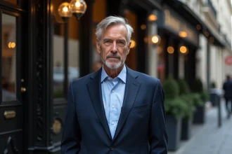 Portrait d'un homme d'affaires français distingué devant une brasserie parisienne, illustrant un profil public controversé