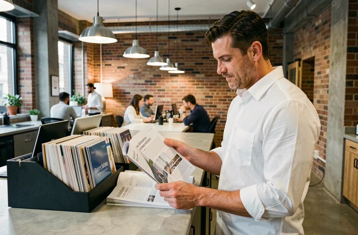 Homme d'affaires feuilletant un magazine professionnel dans un espace de coworking aux murs en briques apparentes