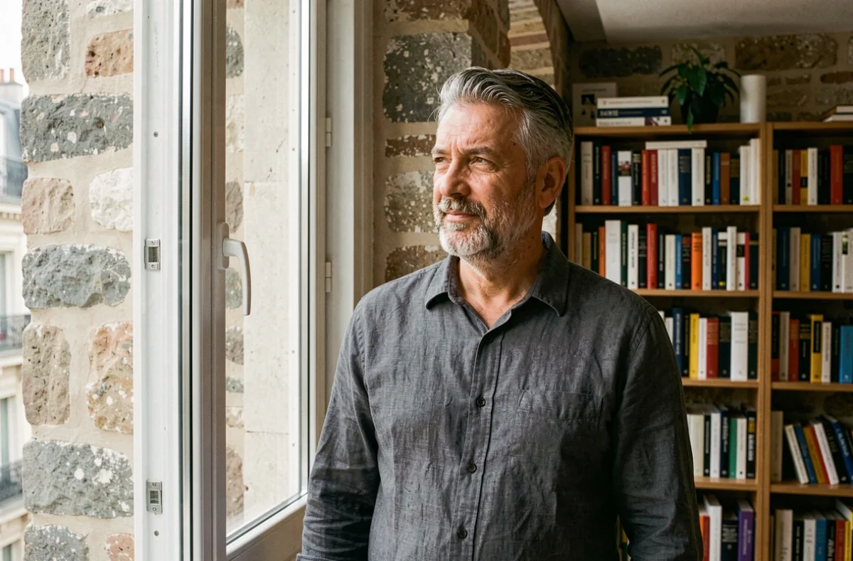 Homme dans la cinquantaine dans un appartement parisien contemporain avec bibliothèque et murs en pierre