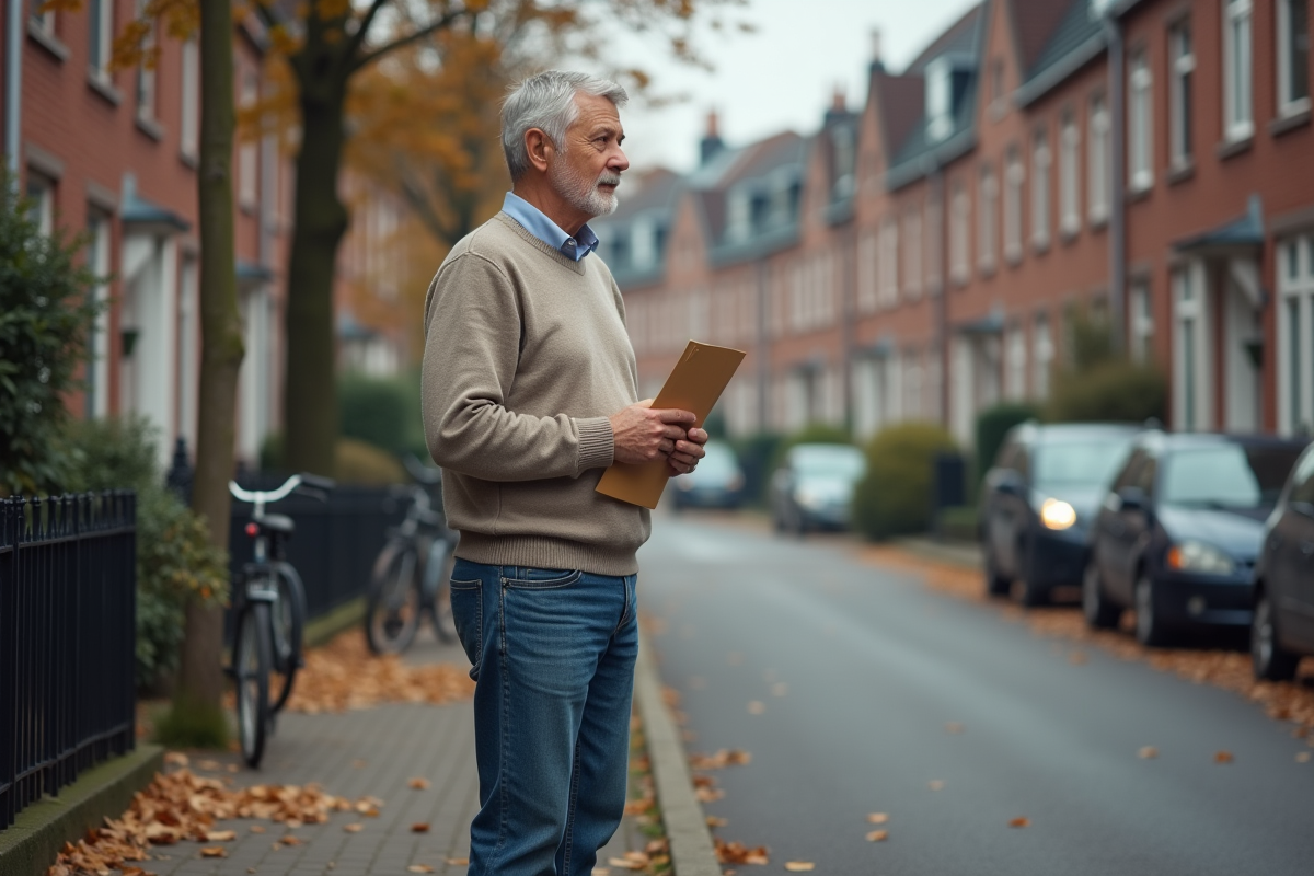 Homme belge dans la rue avec une enveloppe en automne