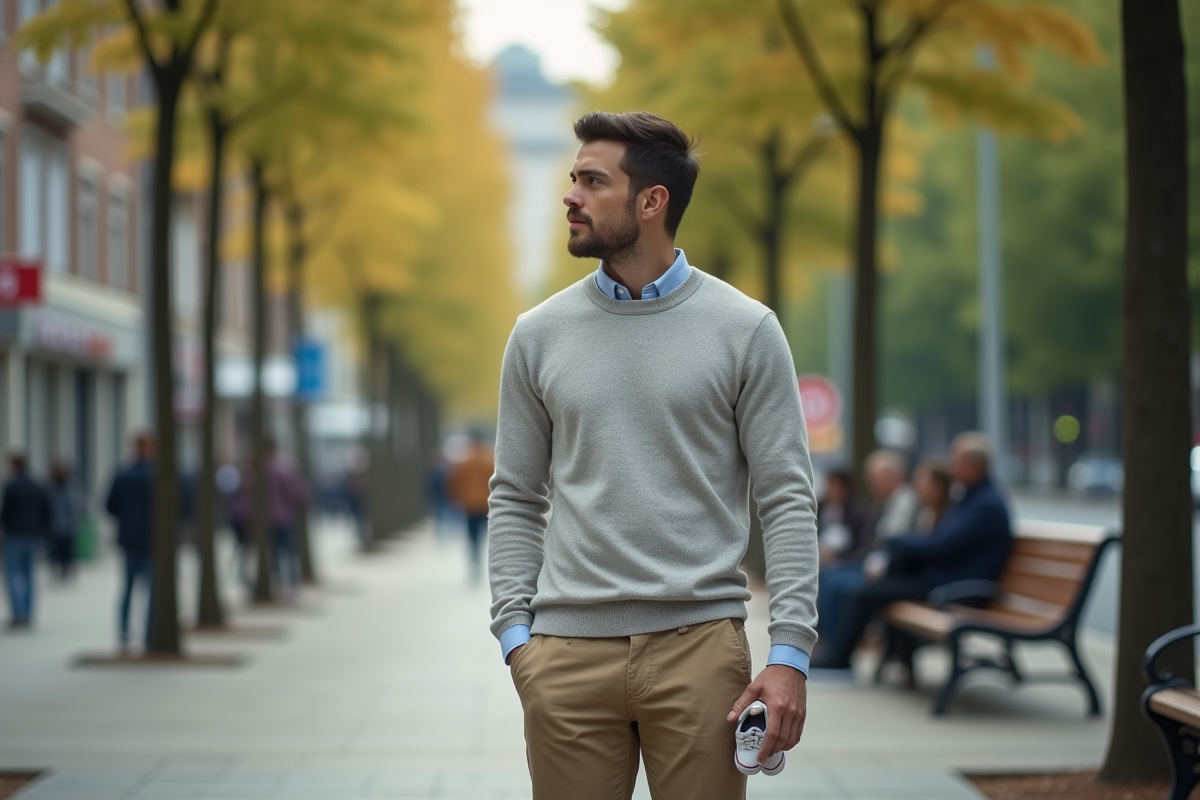 Homme avec chaussures de bébé dans un décor urbain