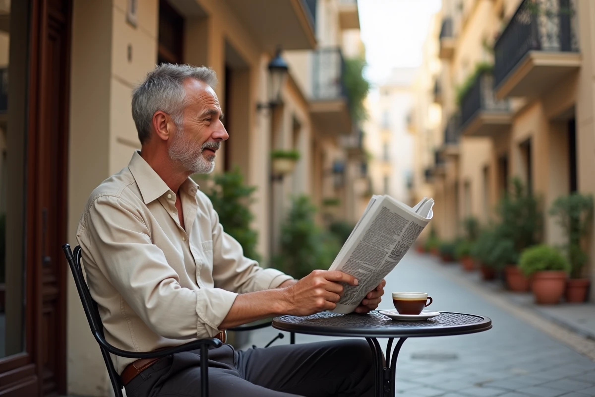 Homme distingué lisant un journal en terrasse dans une ruelle de Monaco, ambiance méditerranéenne discrète et authentique