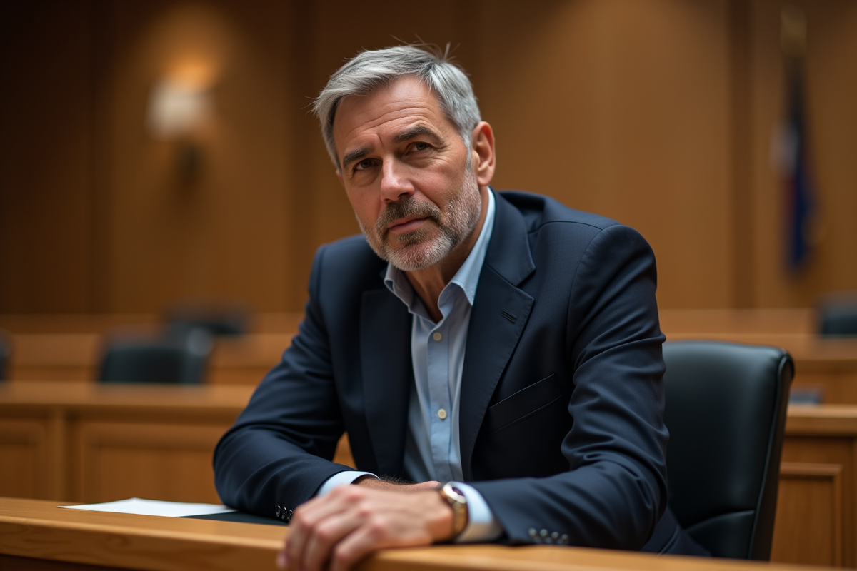 Homme d'âge moyen au tribunal en costume navy