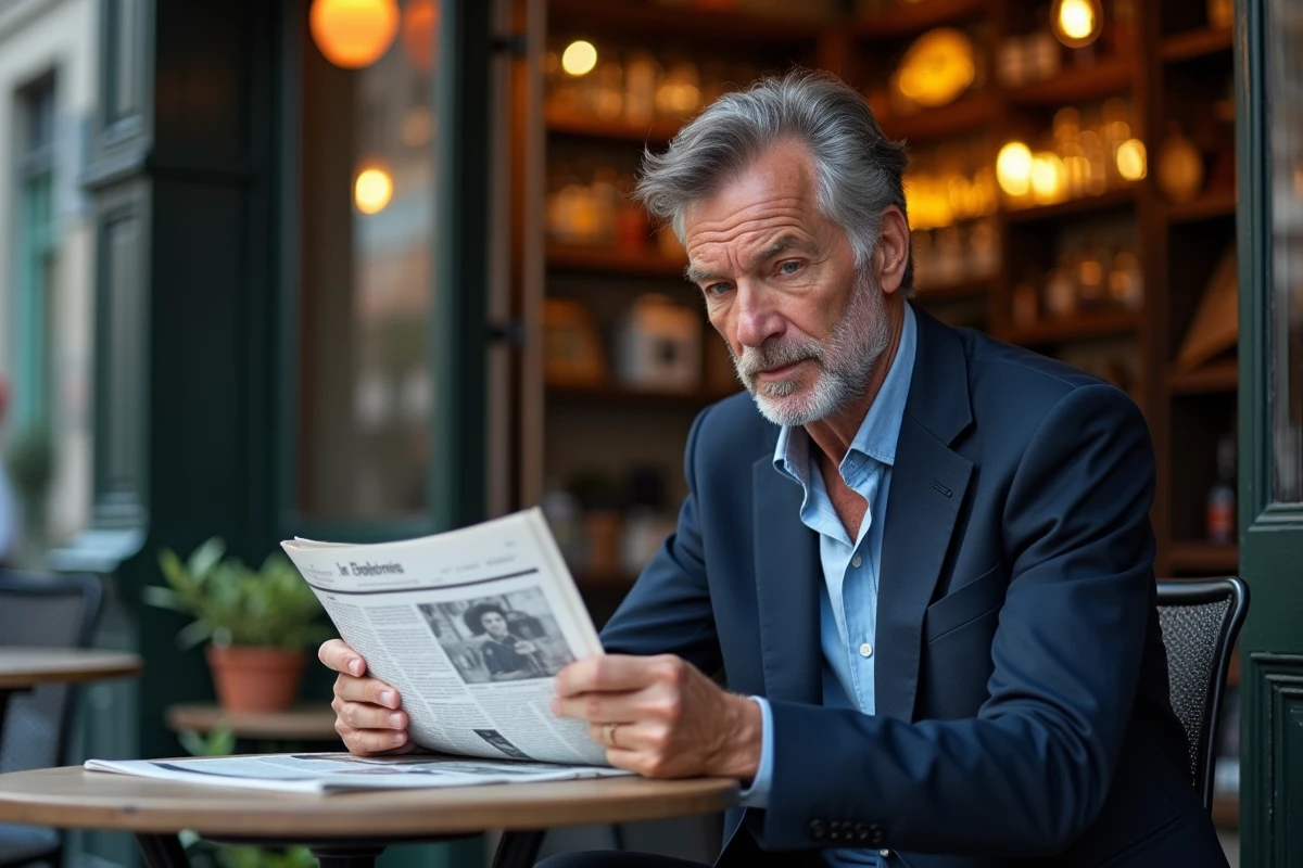 Homme discret lisant un journal en terrasse de bistrot parisien symbolisant l'anonymat du conjoint d'une personnalité