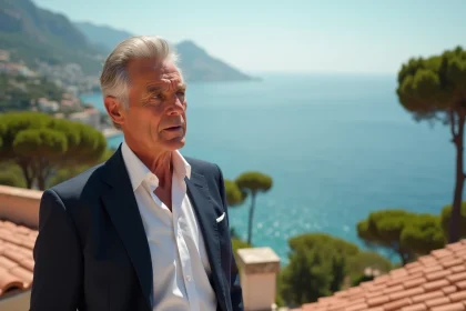 Homme élégant d'une cinquantaine d'années sur une terrasse en pierre à Monaco, vue sur la mer Méditerranée, atmosphère de discrétion et de sérénité