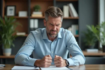 Homme d'âge moyen frustré au bureau en tenue business casual