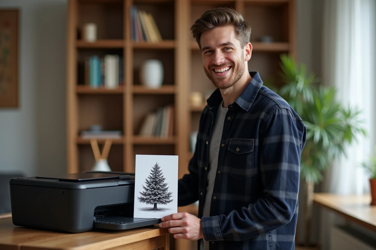 Homme imprimant une carte de Noël en noir et blanc à domicile avec une imprimante économique