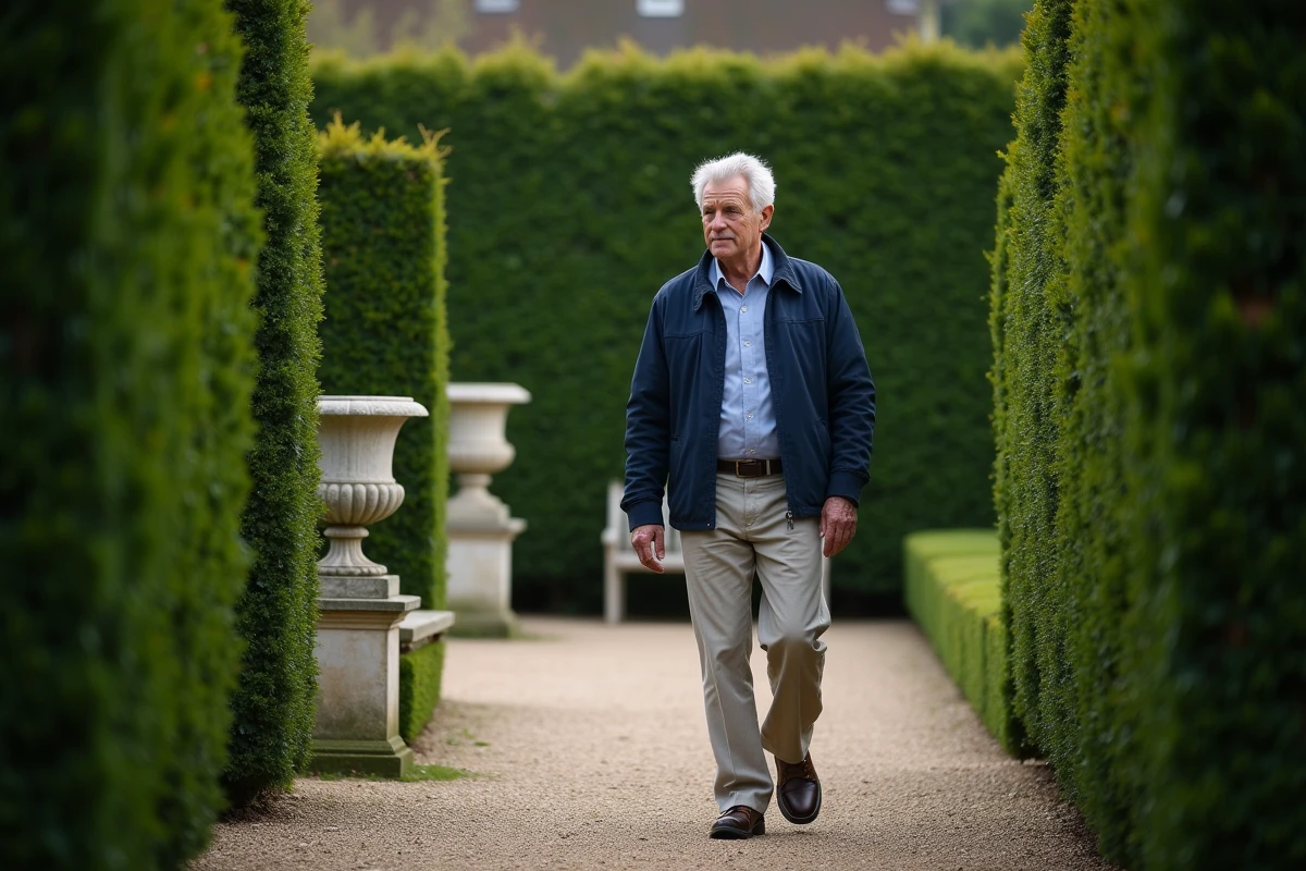Homme marchant seul dans un jardin privé entouré de haies taillées, symbolisant la protection de l'intimité et de la vie personnelle loin des médias