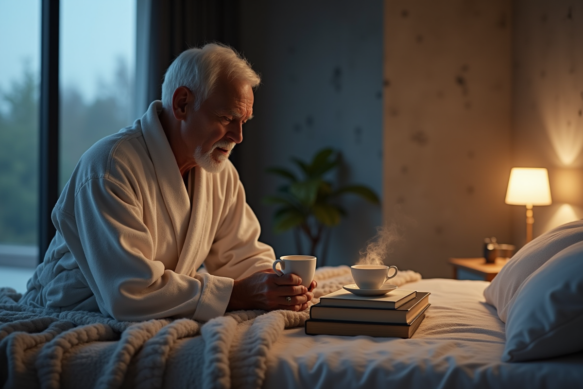 Homme âgé en robe préparant sa routine du soir dans une chambre moderne