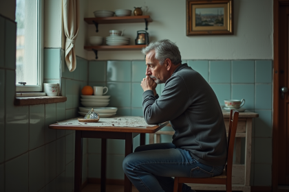 Homme d'&acirc;ge moyen dans une cuisine modeste regardant un miroir cass&eacute;
