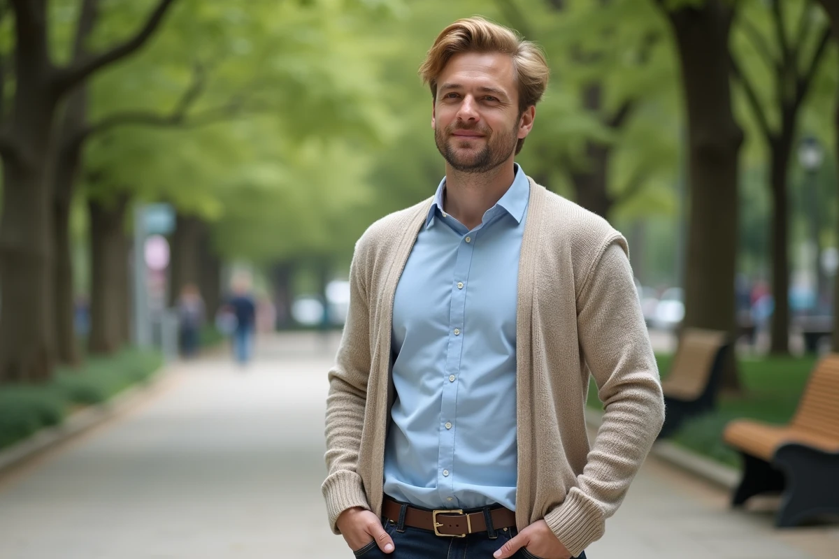Homme souriant dans un parc urbain calme