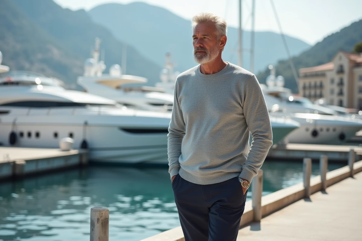 Homme marchant seul sur un quai de la marina de Monaco, yachts en arrière-plan, atmosphère de vie privée et de tranquillité