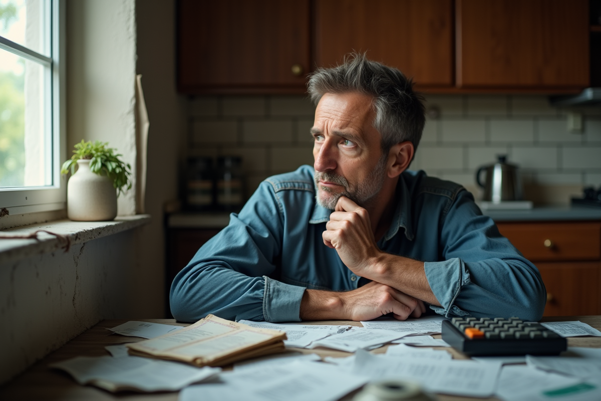 Homme d'âge moyen pensif avec factures dans la cuisine