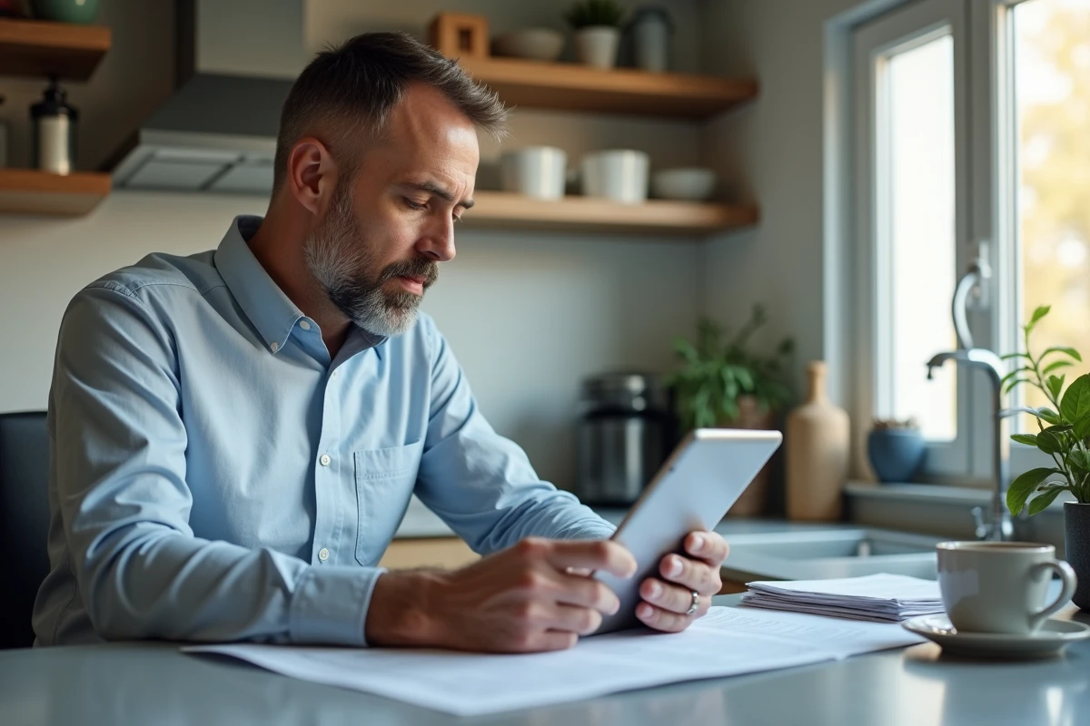 Homme concentré travaillant sur sa tablette dans la cuisine
