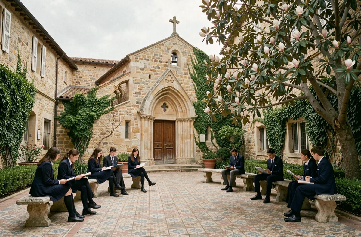 Cour intérieure de l'Institut Jeanne de France à Nice avec élèves en uniforme et chapelle historique en arrière-plan