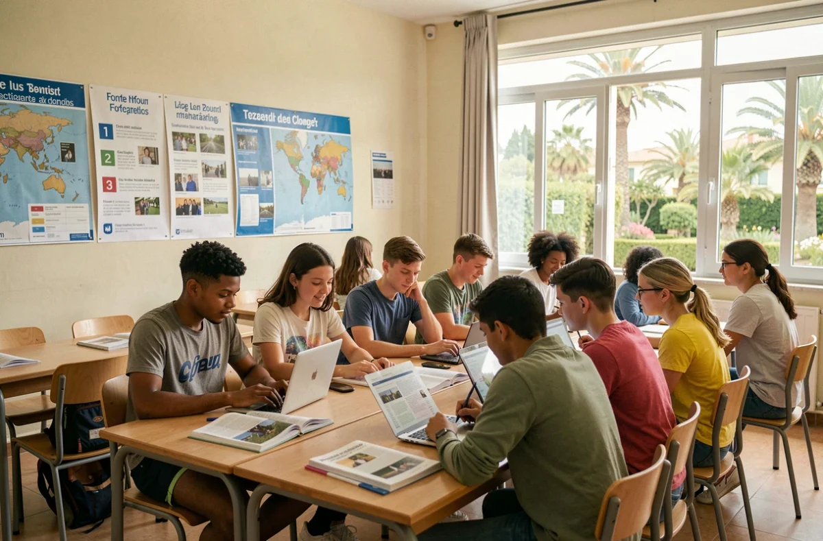 Salle de classe internationale à Nice avec des élèves multiculturels travaillant ensemble sur un projet bilingue
