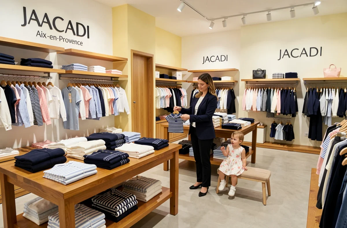 Intérieur de la boutique Jacadi à Aix-en-Provence avec des vêtements enfant classiques exposés et une mère faisant ses achats