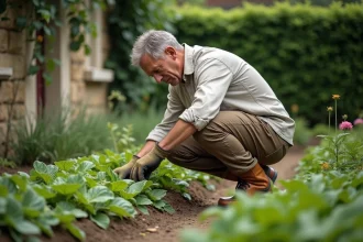 Jardinier amateur soignant ses plantations dans un jardin privé à la campagne, illustrant la vie discrète et intime d'une personnalité publique