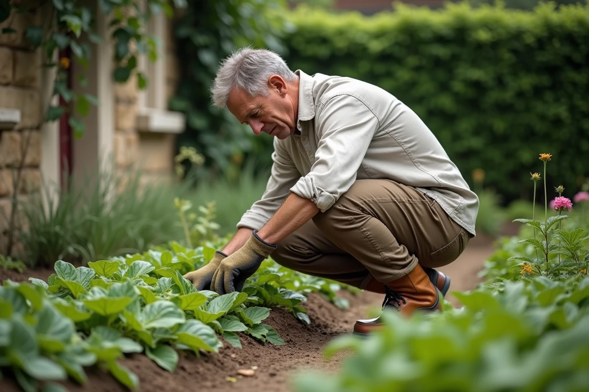 Jardinier amateur soignant ses plantations dans un jardin privé à la campagne, illustrant la vie discrète et intime d'une personnalité publique
