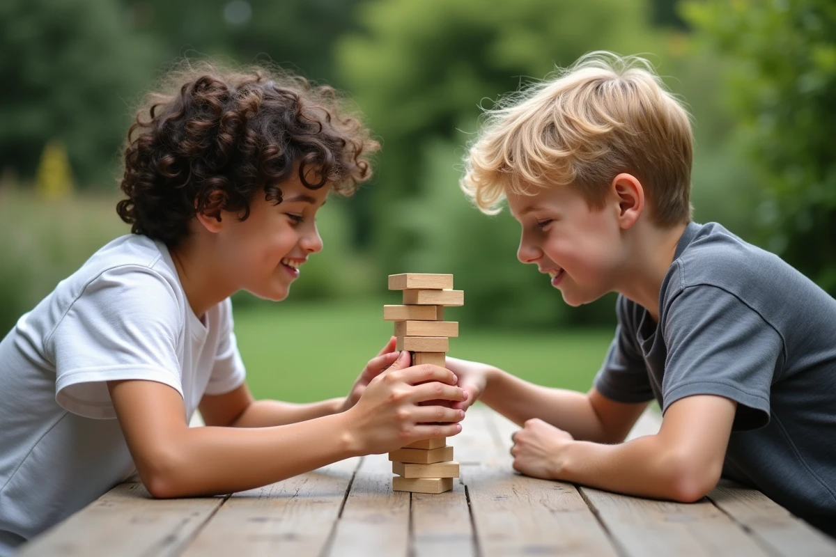 Deux adolescents en duel de jeu d'adresse avec des blocs en bois empilés sur une terrasse extérieure