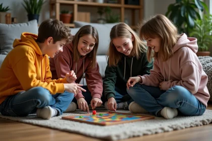 Groupe d'adolescents jouant à un jeu de société sur le sol d'un salon, concentrés et amusés