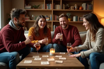 Deux couples jouant au jeu des Zamours avec des cartes de questions autour d'une table basse en bois lors d'une soirée entre amis