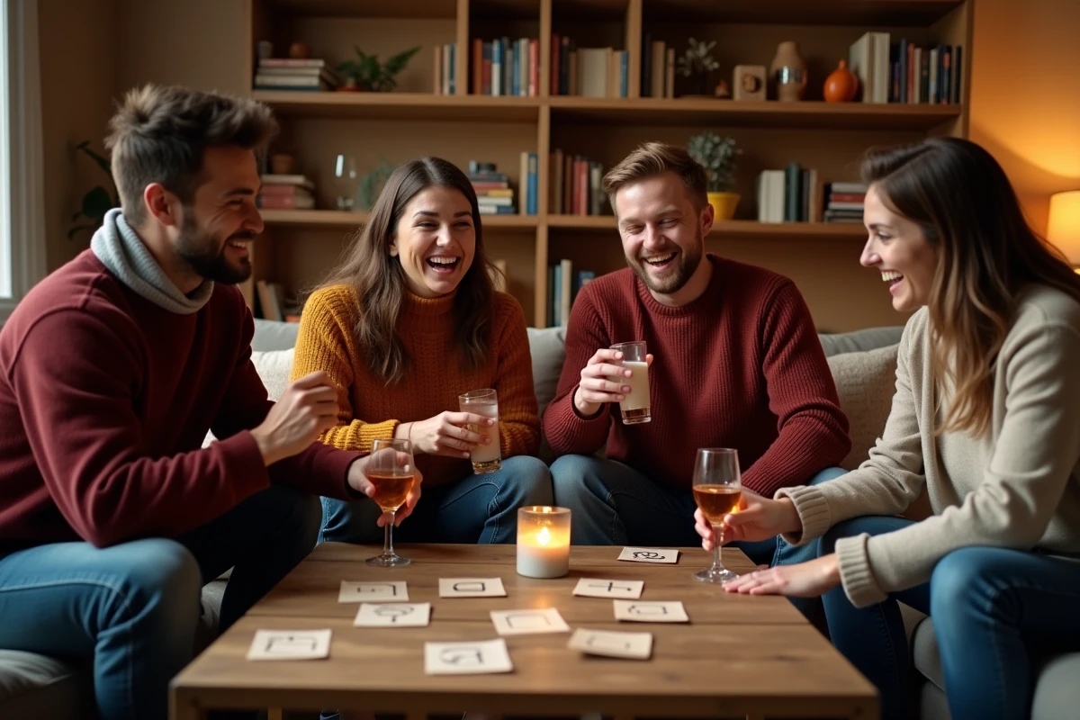 Deux couples jouant au jeu des Zamours avec des cartes de questions autour d'une table basse en bois lors d'une soirée entre amis