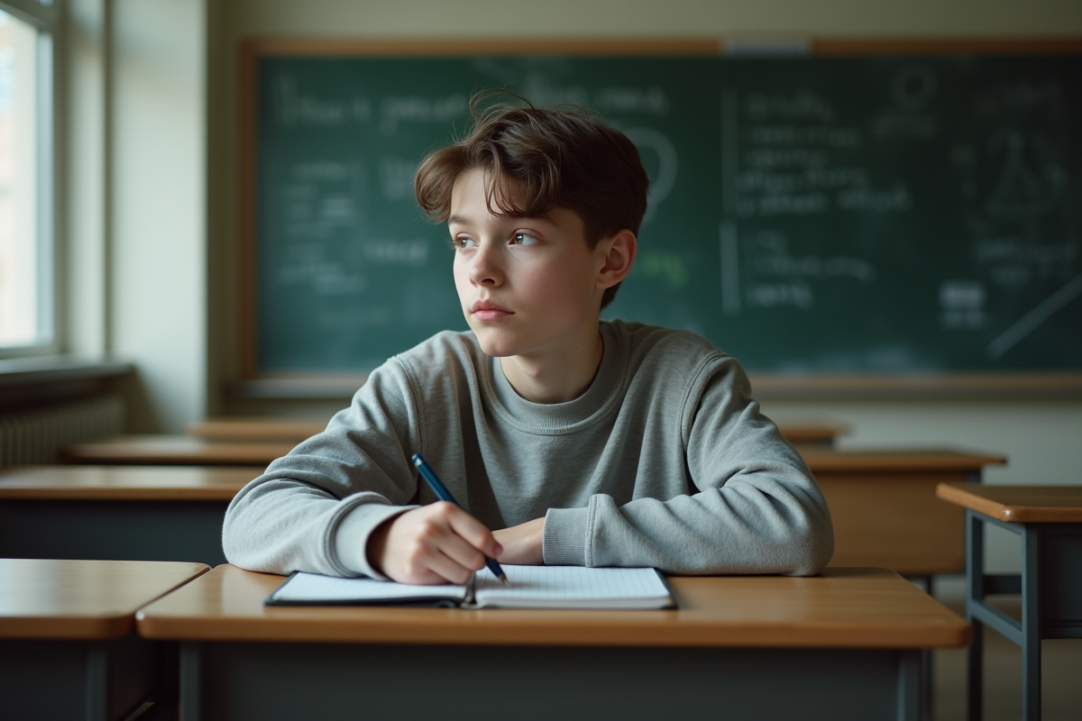 Adolescent distrait en classe regardant par la fenetre