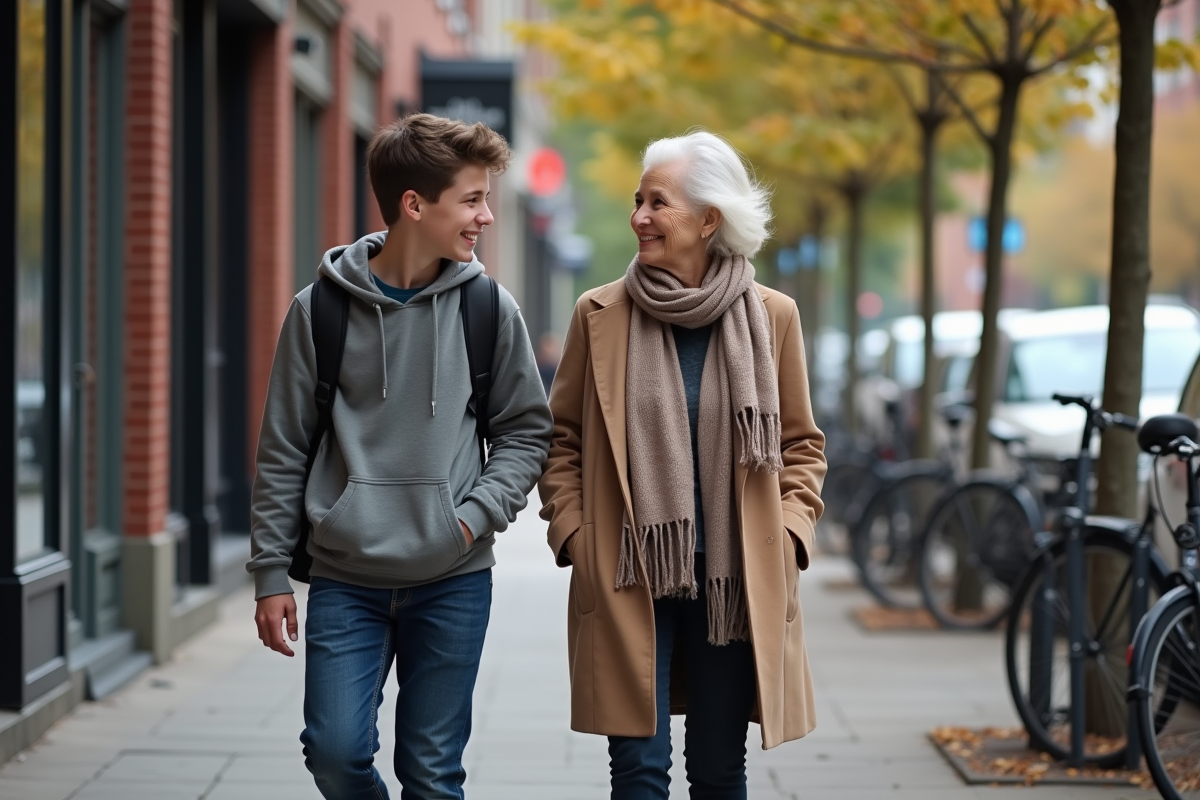 Jeune et personne âgée marchant ensemble dans la ville