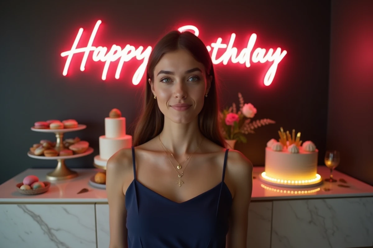 Jeune femme de 18 ans souriante devant une table de desserts décorée pour un anniversaire chic en petit comité