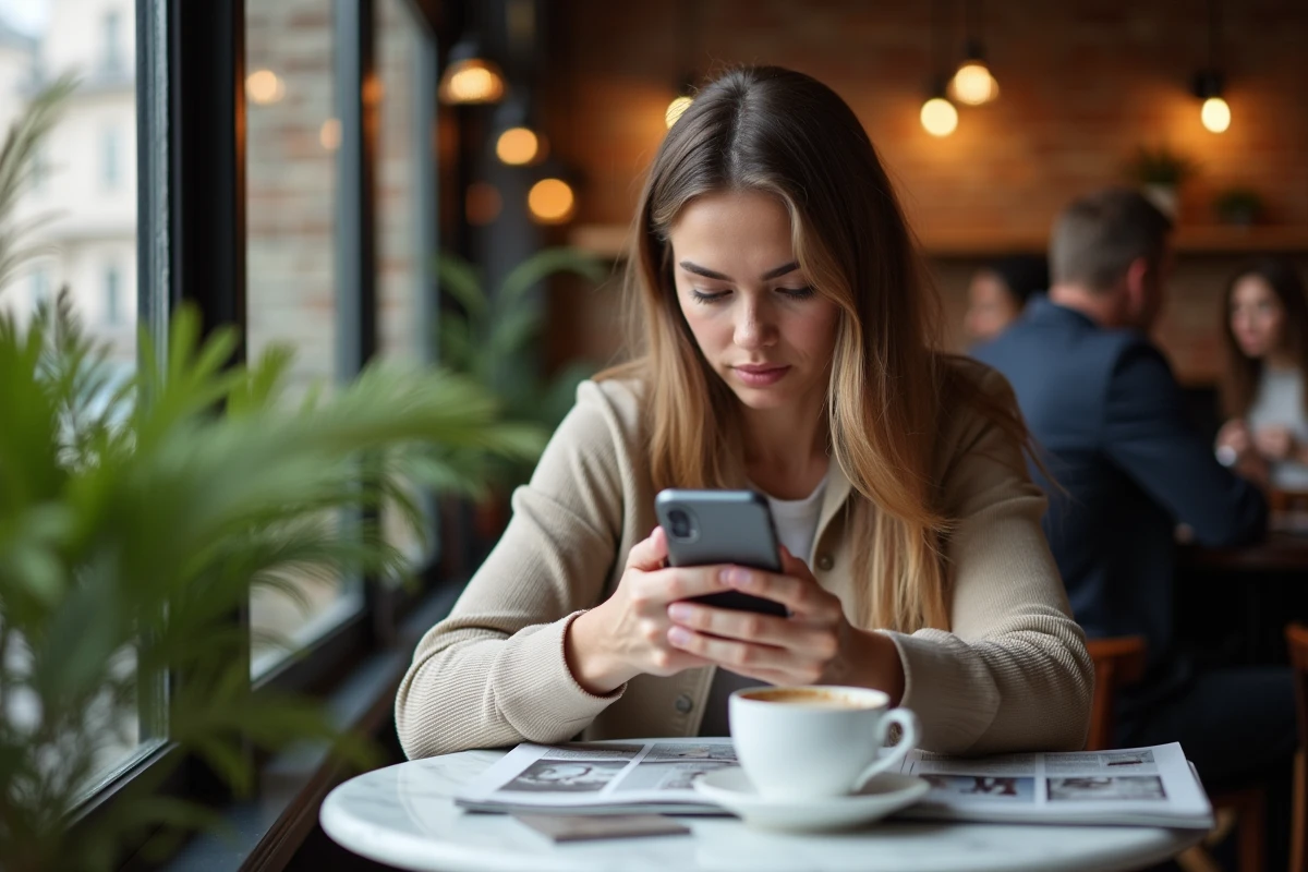Jeune femme au café parisien regardant son smartphone