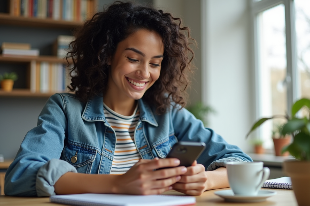 Jeune femme souriante vérifiant un calendrier partagé avec son smartphone