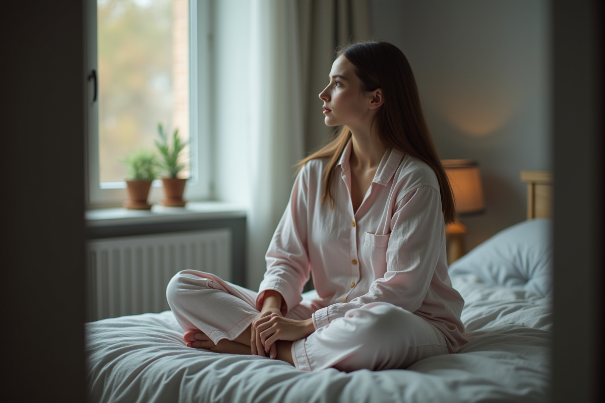 Jeune femme en pyjama dans sa chambre contemplant la fenêtre