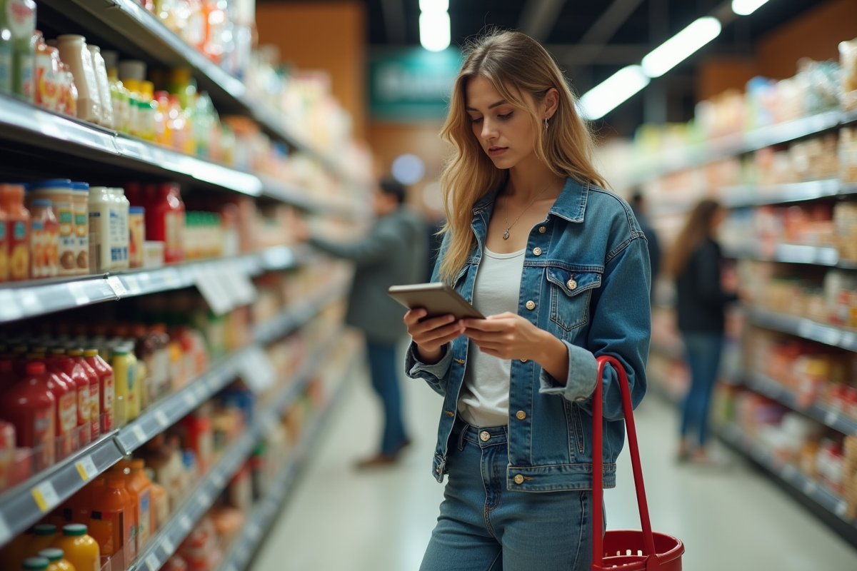 Jeune femme faisant ses courses dans un supermarché