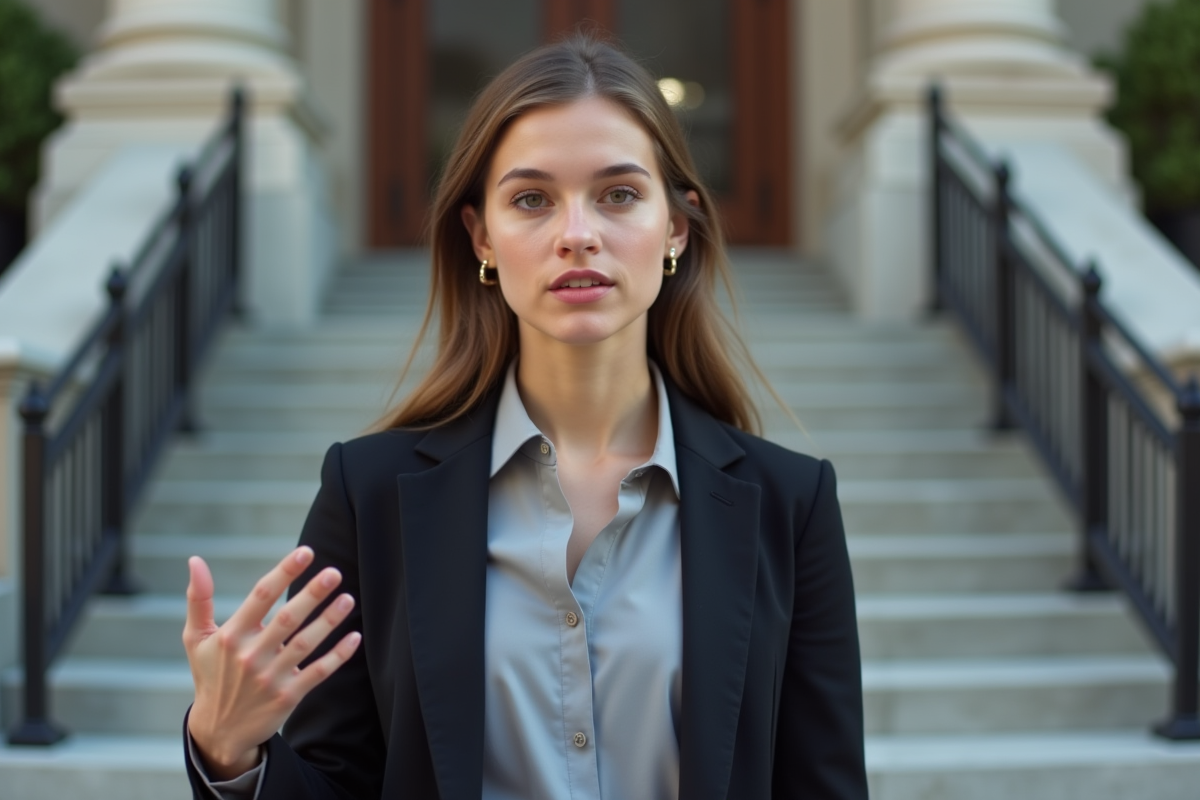 Jeune femme parlant à un journaliste devant le tribunal