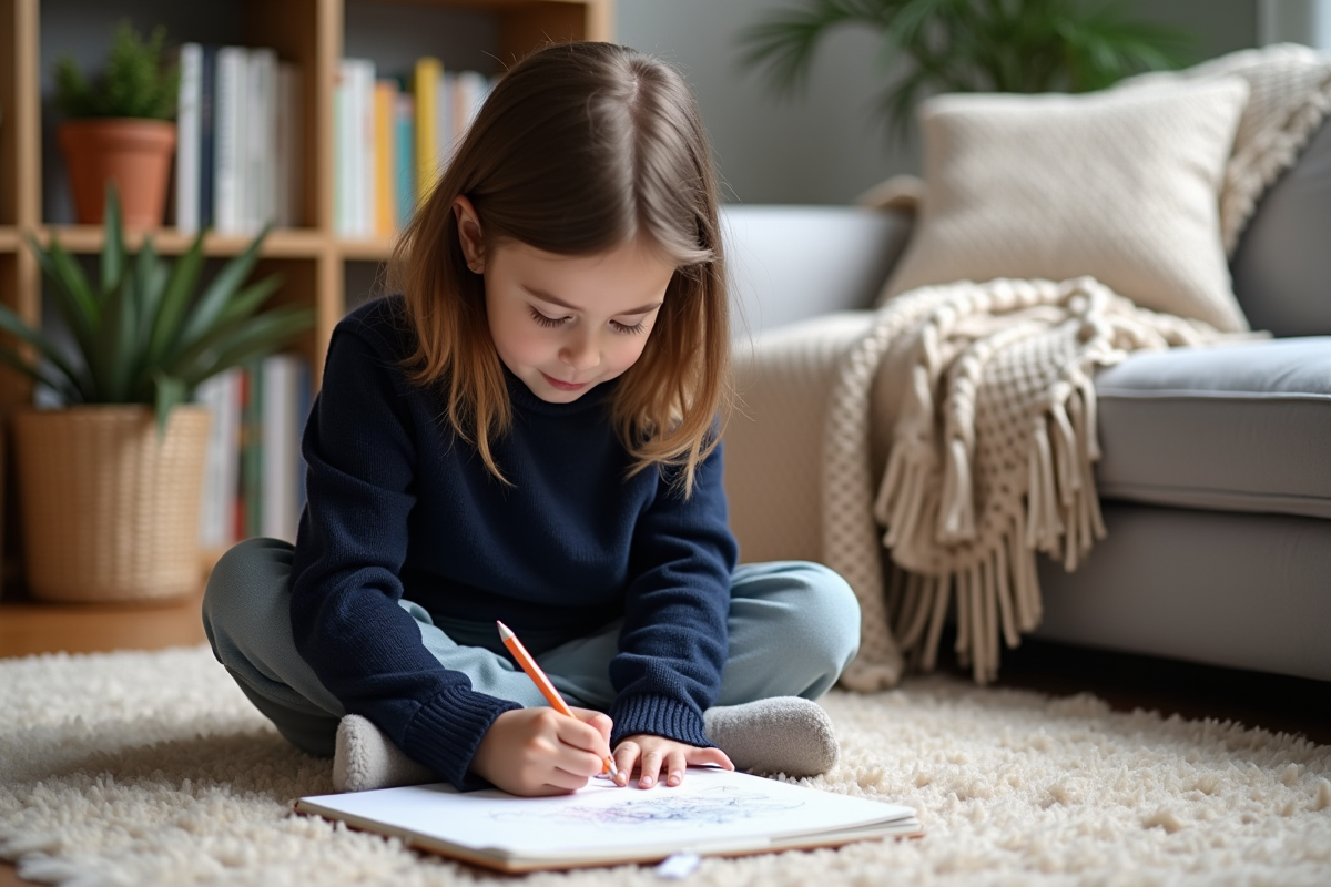 Jeune fille de 8 ans coloriant dans un cahier dans un salon chaleureux